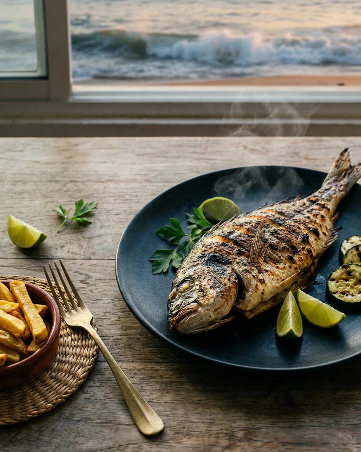 Poisson du jour grillé au feu de bois, frites maison, citron vert